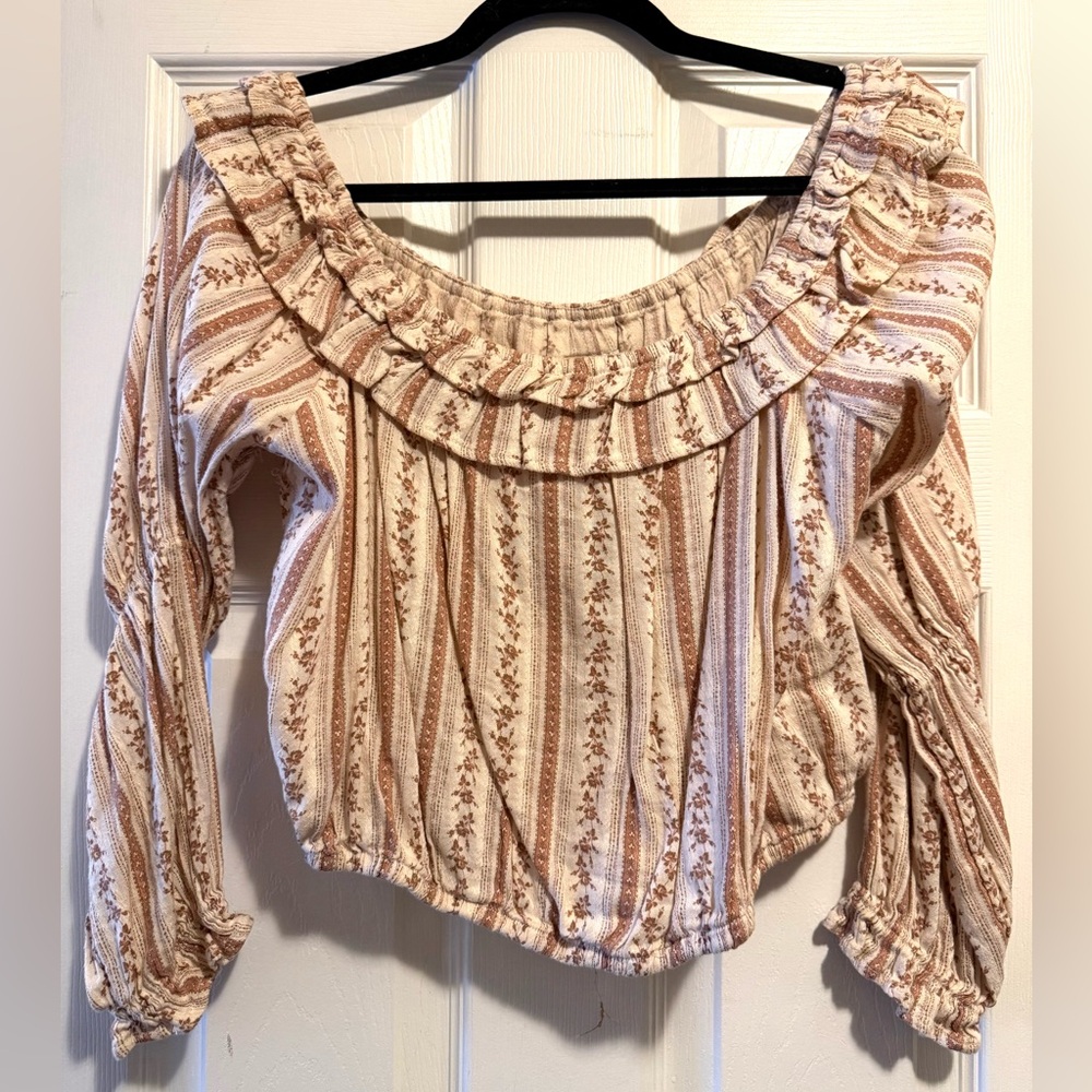 American Eagle Cream, Pink & Brown Striped Ruffle Off-Shoulder Crop top